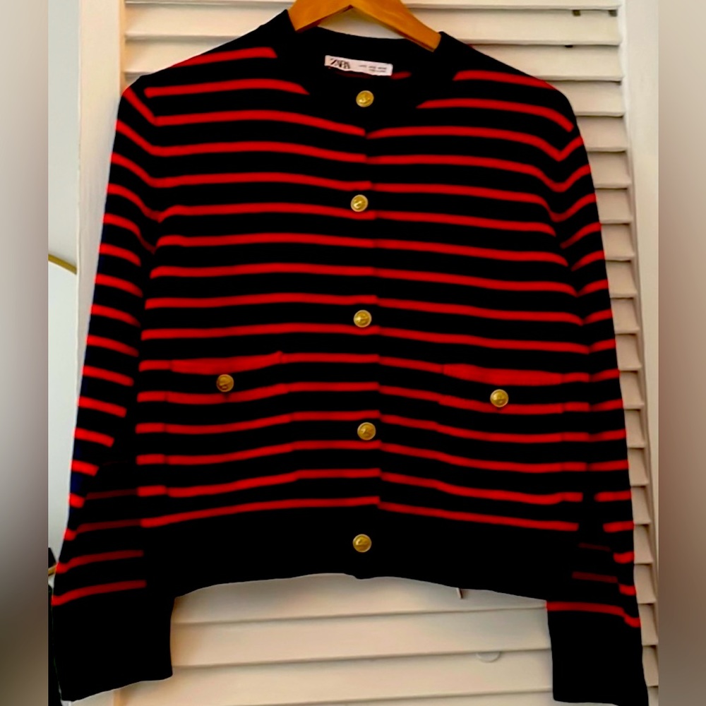 Zara cardigan large L red blue stripe gold buttons Christmas sweater